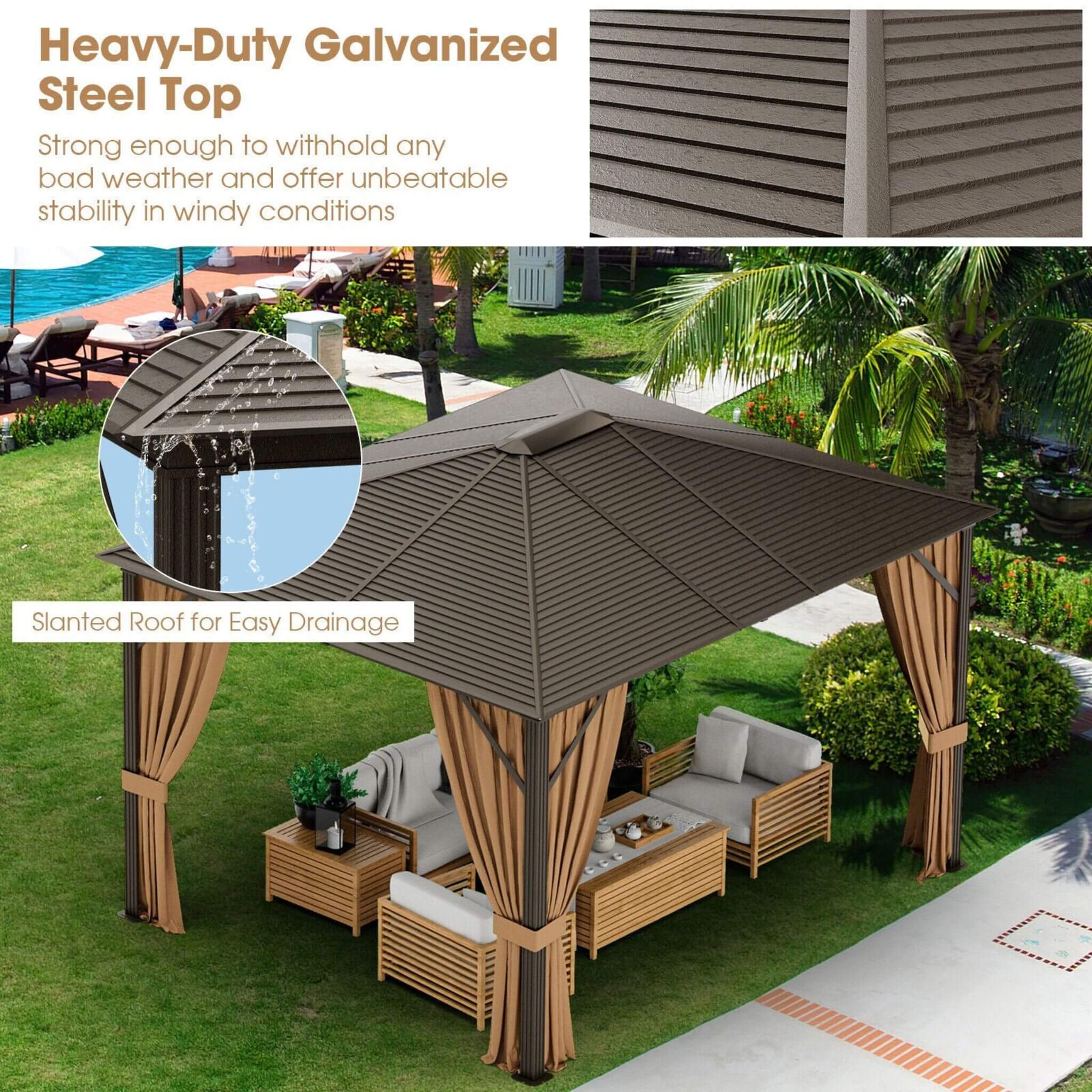 [10x12FT] Premium Outdoor Hardtop Patio Gazebo W/ Galvanized Steel Top & Aluminum Frame (SAK74065)