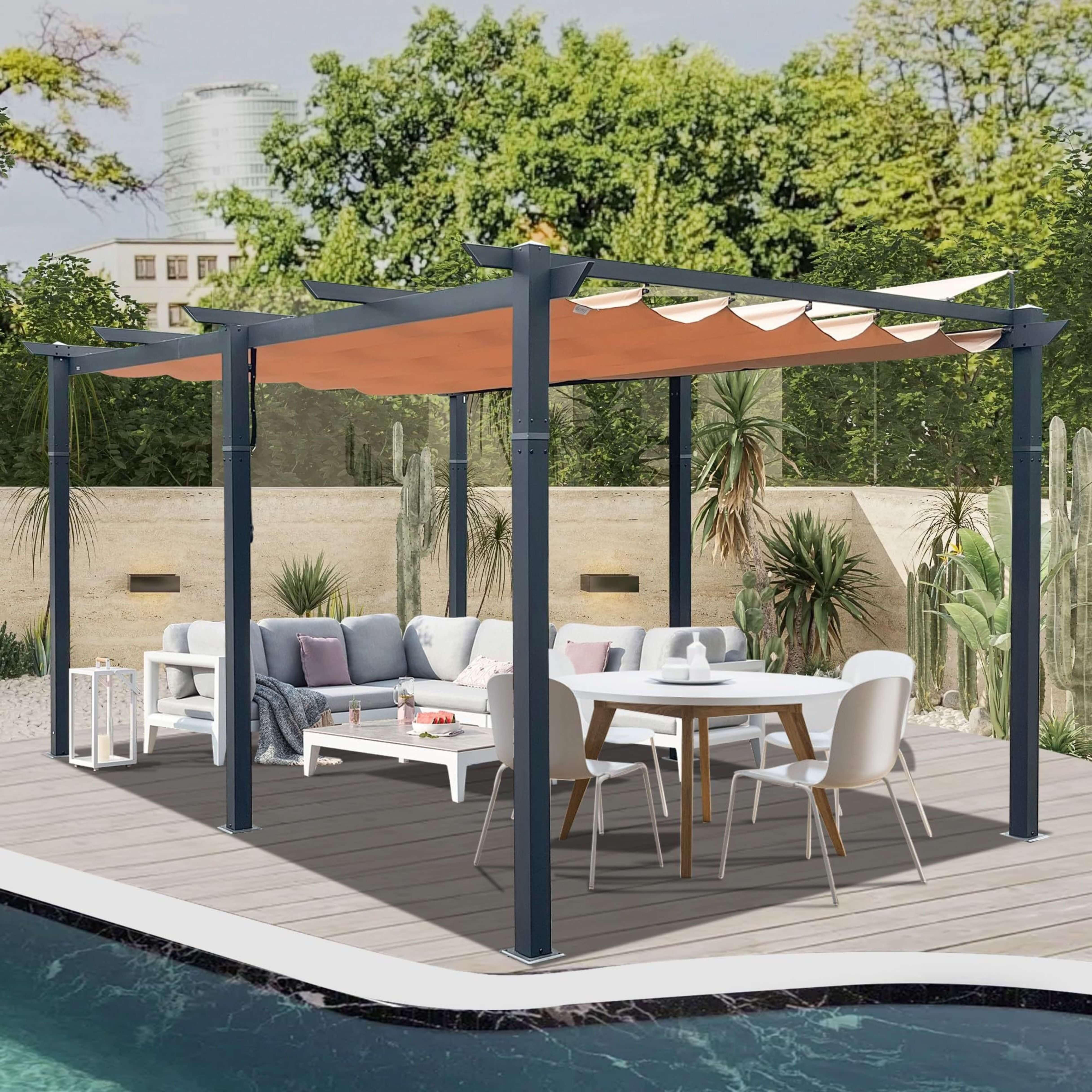 [11X16FT] Heavy-Duty Outdoor Retractable Aluminum Pergola With Weather-Resistant Canopy (SAK91853)