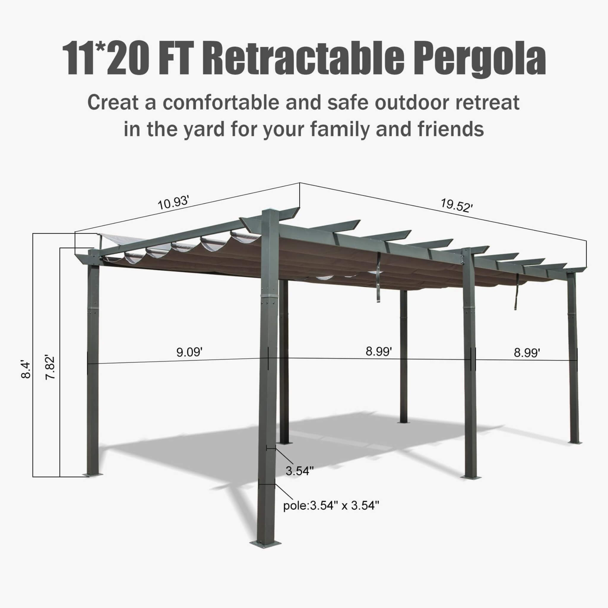 [11X20FT] Premium Outdoor Retractable Aluminum Pergola Gazebo With Weather-Resistant Canopy (SAK54612)