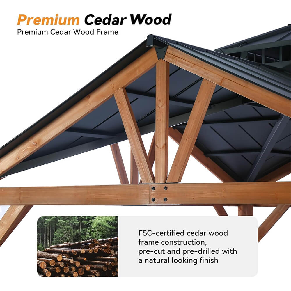 [12x12FT] Premium Outdoor Cedar Wood Hardtop Gazebo With Galvanized Steel Roof (SAK31864)