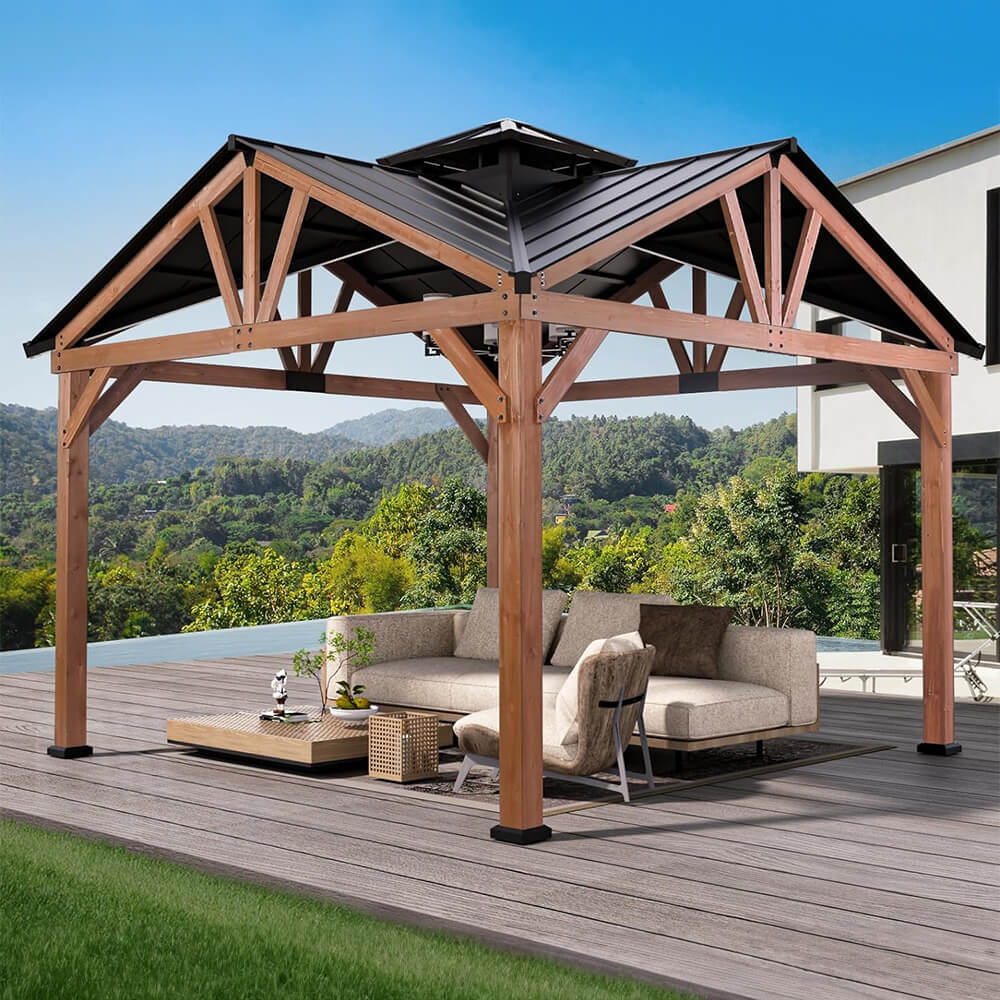 [12x12FT] Premium Outdoor Cedar Wood Hardtop Gazebo With Galvanized Steel Roof (SAK31864)
