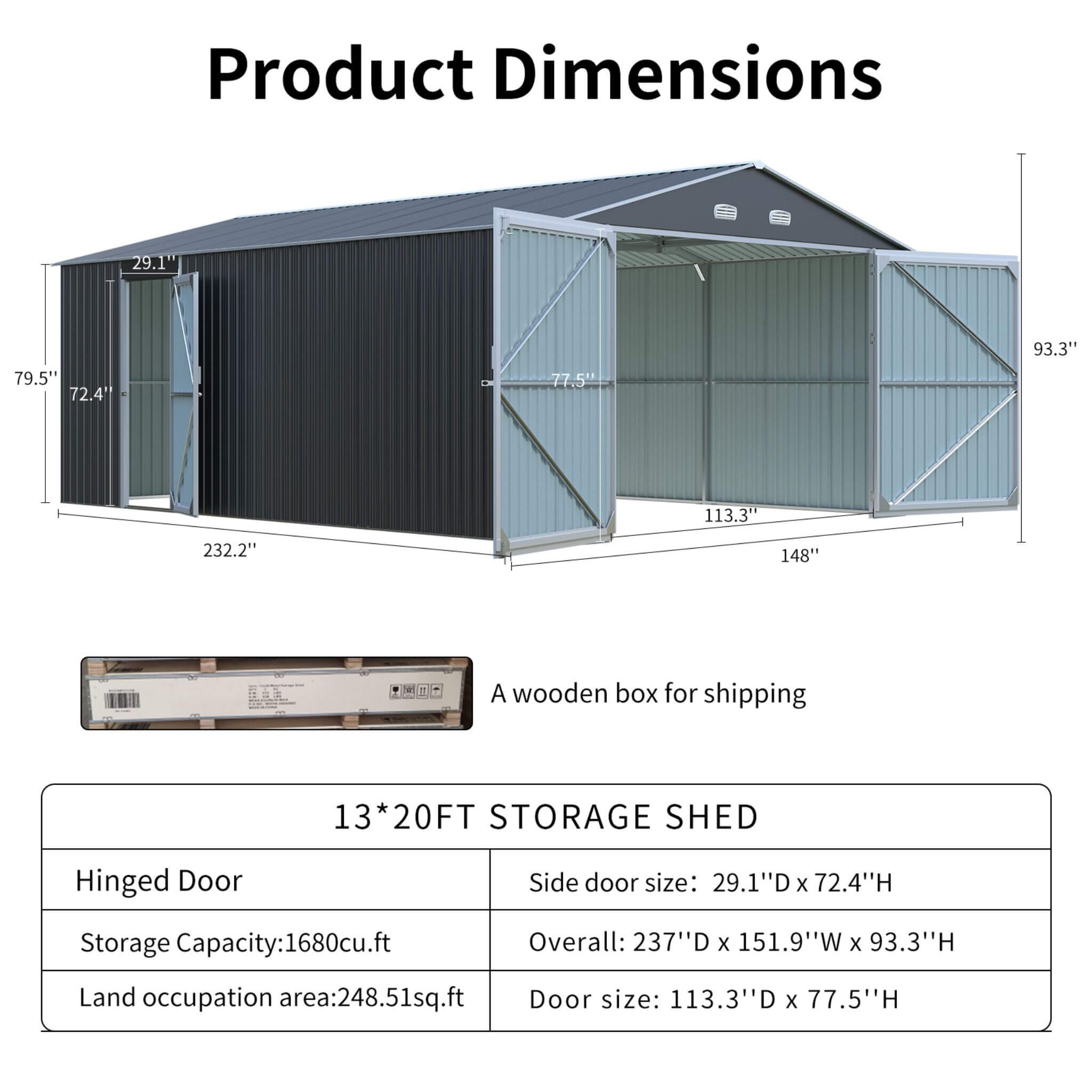 [13x20FT] Large Heavy Duty Outdoor Metal Storage Shed With Double Doors (SAK65331)