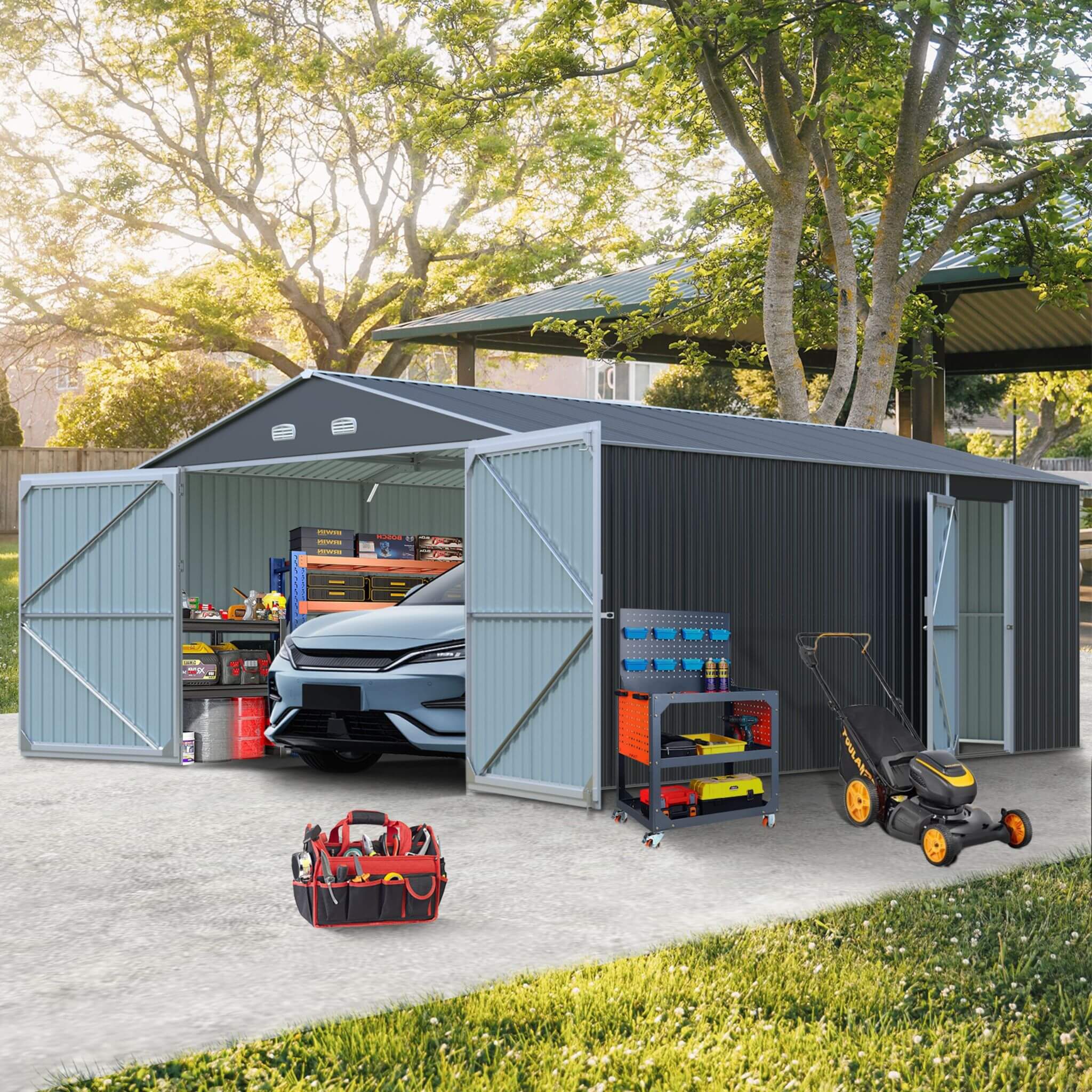 [13x20FT] Large Heavy Duty Outdoor Metal Storage Shed With Double Doors (SAK65331)