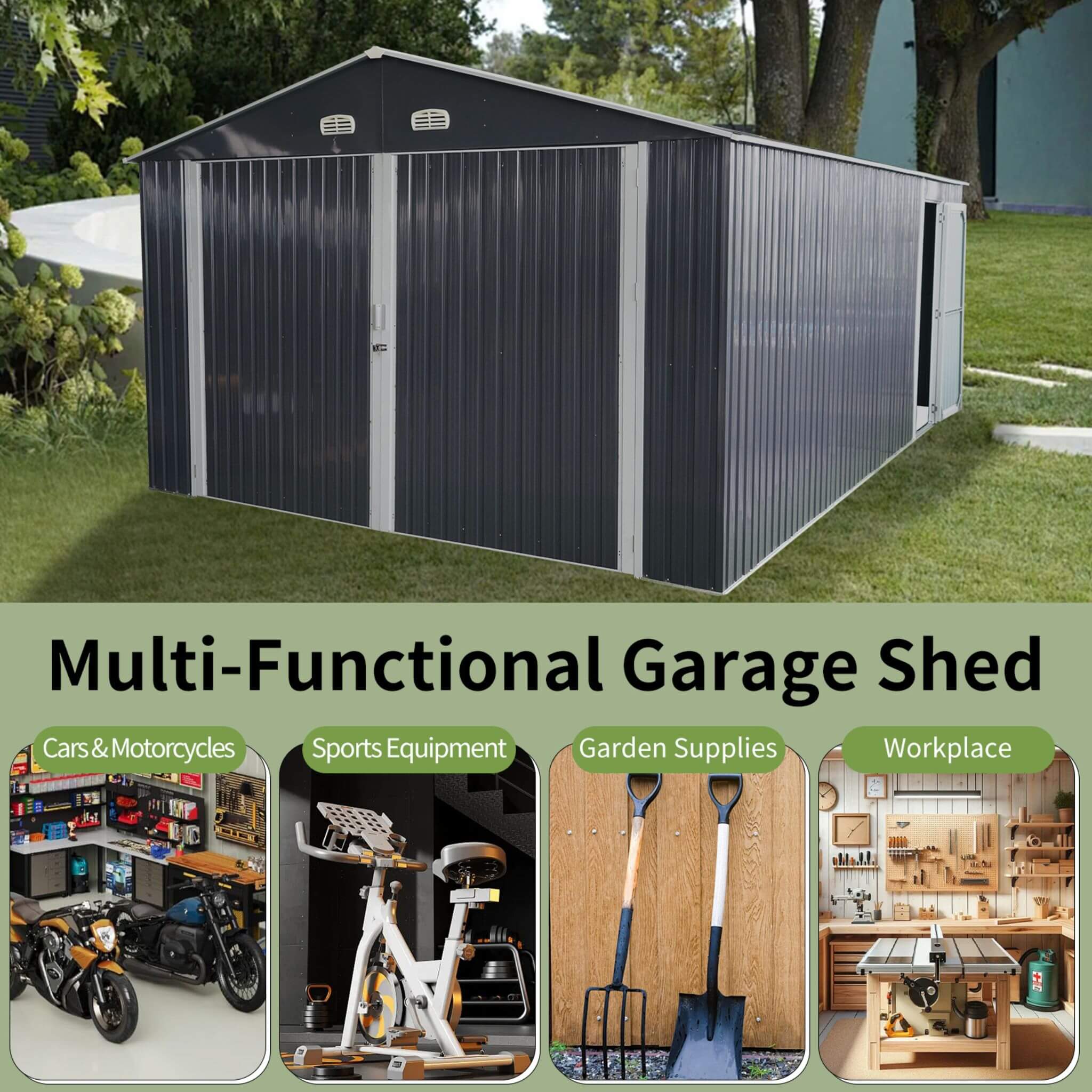 [13x20FT] Large Heavy Duty Outdoor Metal Storage Shed With Double Doors (SAK65331)