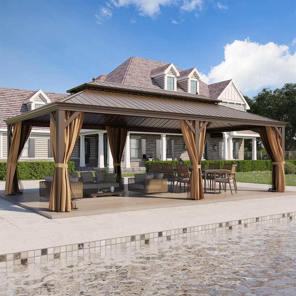 [14x24FT] Heavy Duty Aluminum Galvanized Steel Double Roof Hardtop Gazebo With Netting And Curtains (SAK41853)