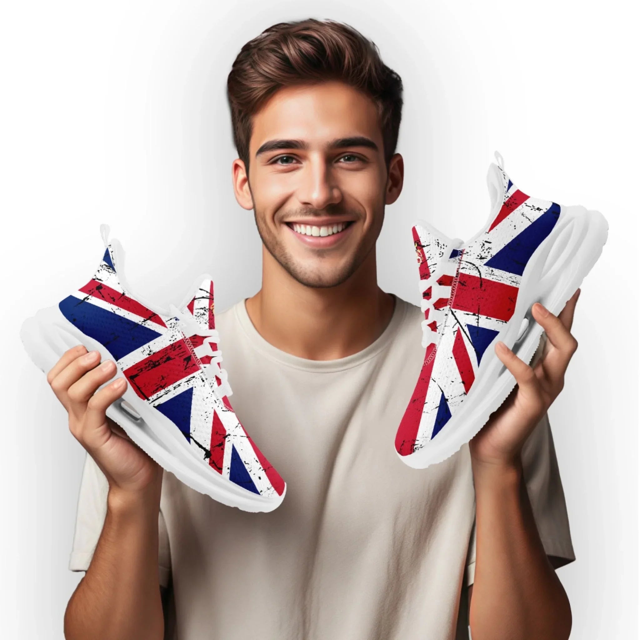 Personalized UK Flag Print Sneakers, Custom Breathable Lace Up Shoes, Patriotic and Pride Unisex Shoes