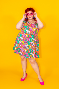 8-Bit A-Frames Fit & Flare Midi Dress in Bright Day