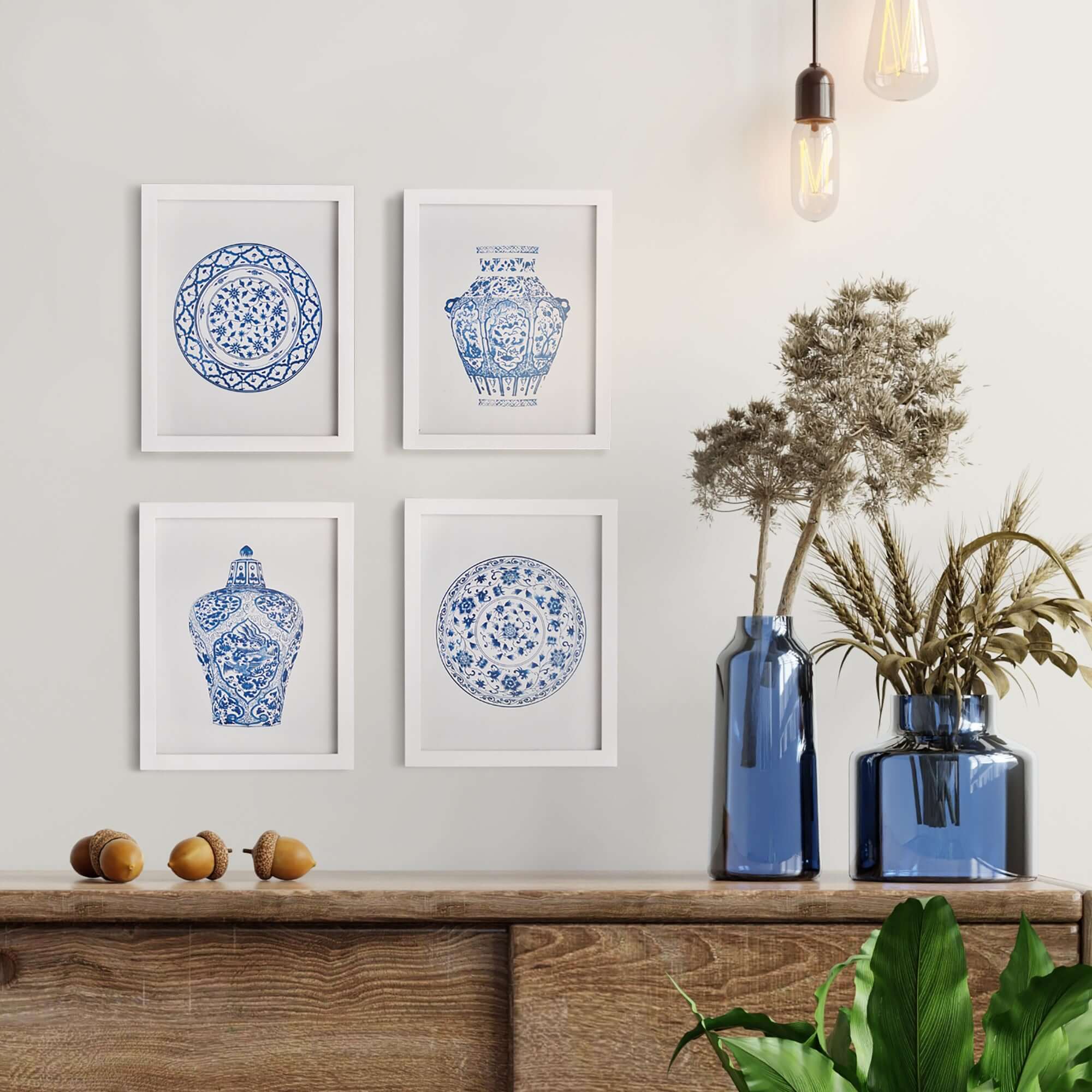 Blue and White Chinoiserie Ginger Jar and Plate Prints (Set of 4)