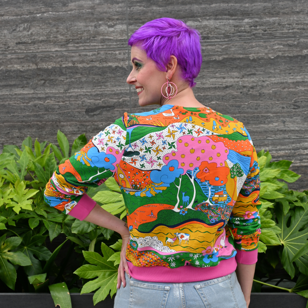 Landscape Pullover in Rainbow W/ Fuchsia Cuffs