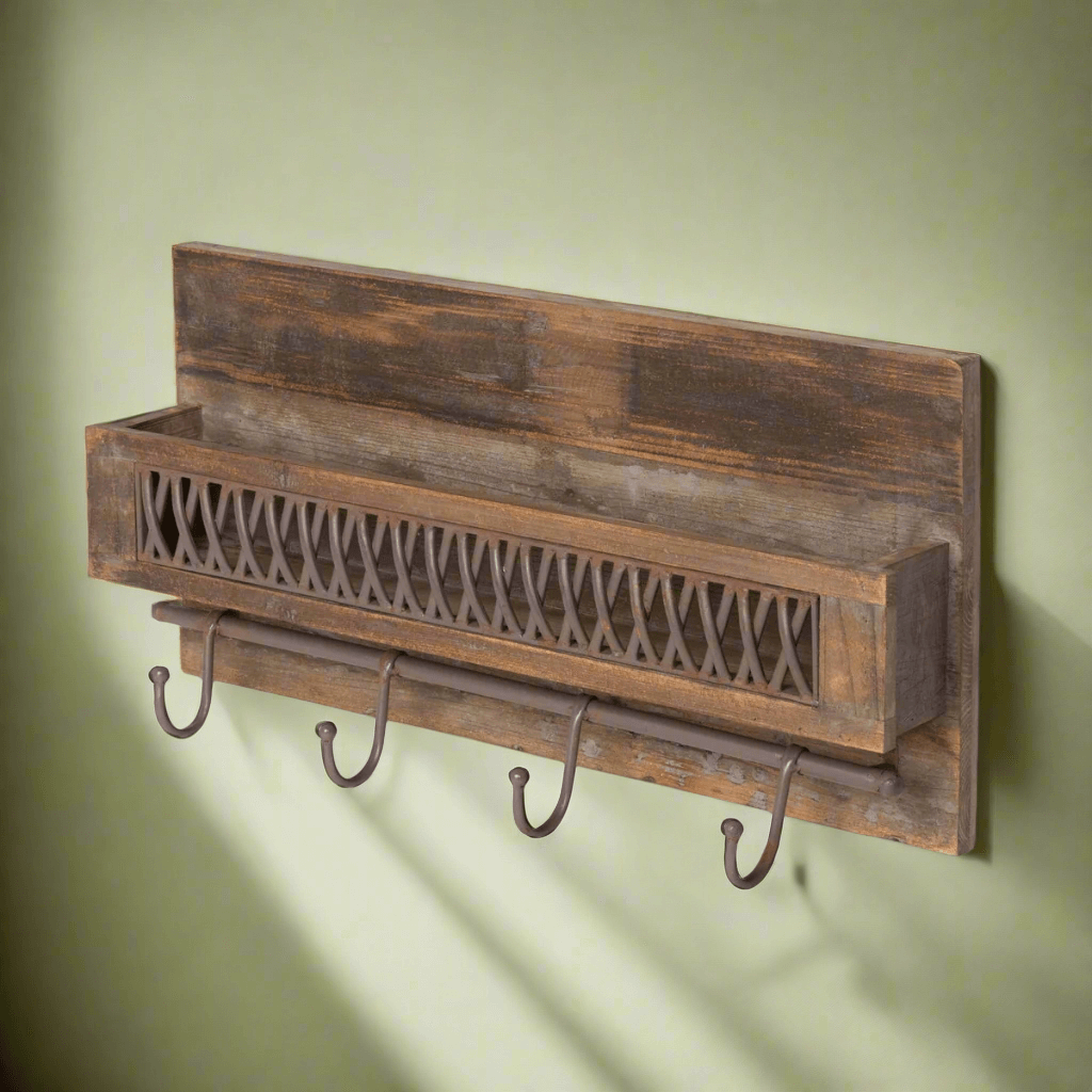 Farmhouse Wall Shelf with Hooks and Metal Lattice Accent