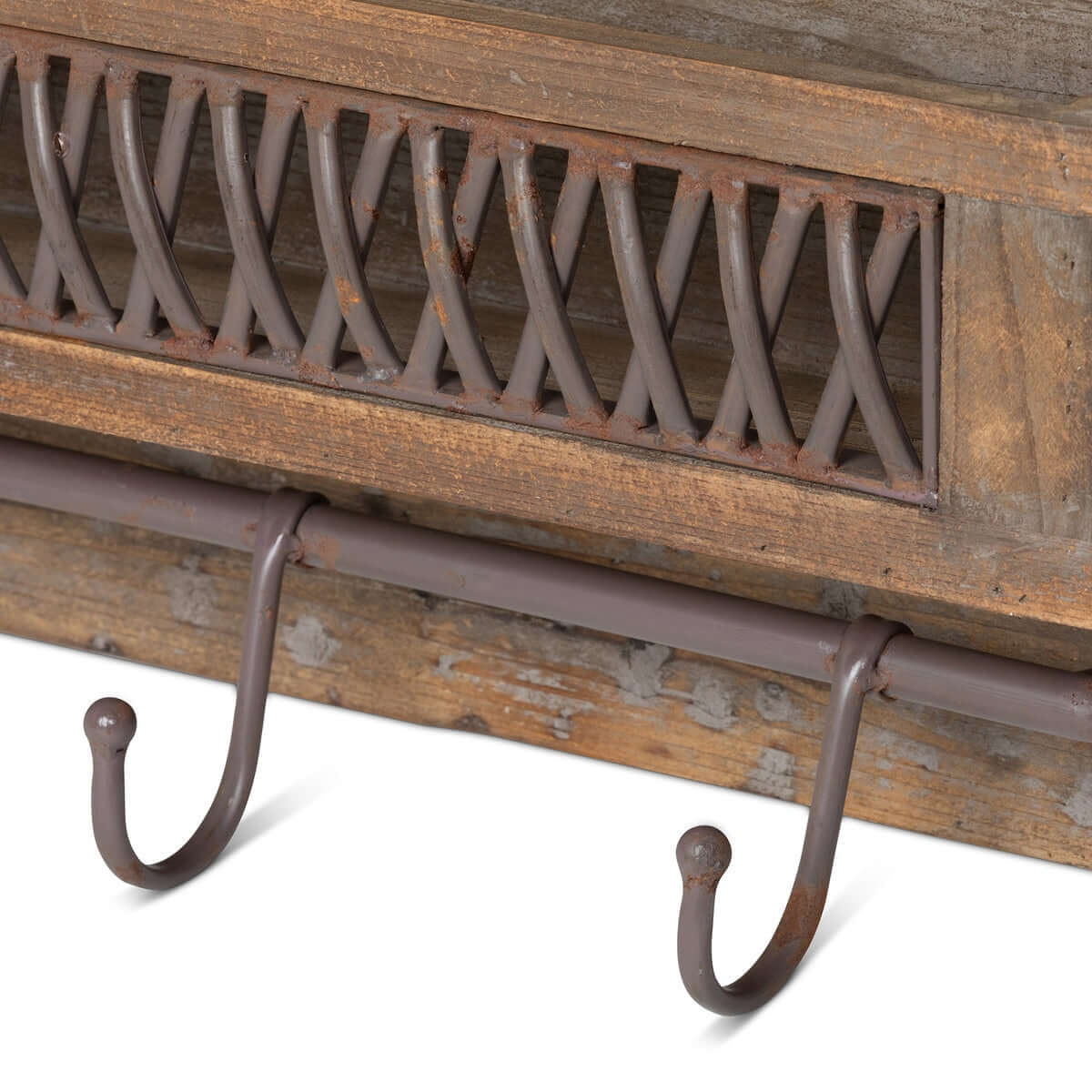 Farmhouse Wall Shelf with Hooks and Metal Lattice Accent