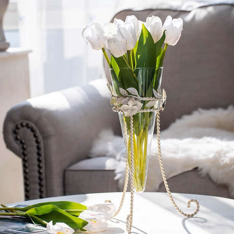 Glass Vase with Antique Floral Metal Stand