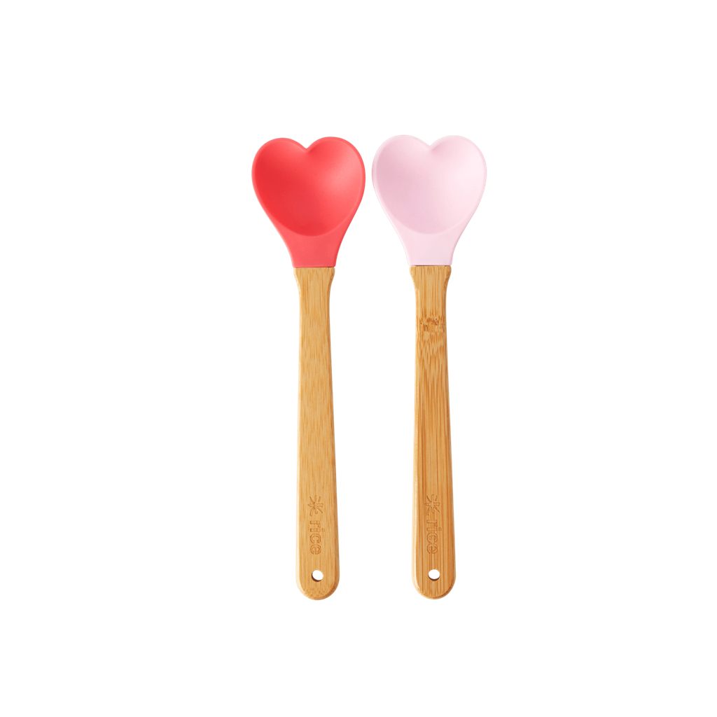 Kitchen Silicone Spoon in mini Heart shape with bamboo Handle - Set of Two