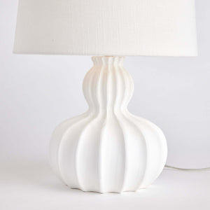 White Carved Wood Table Lamp with Curved Base