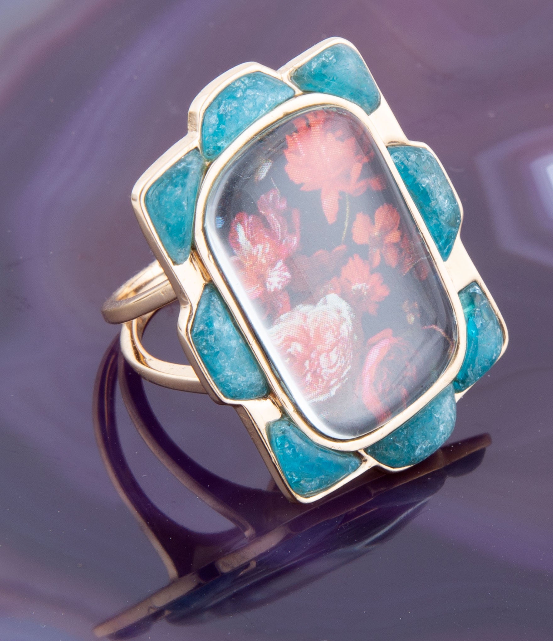 Scenic Red Florals Blue Apatite Golden Statement Ring
