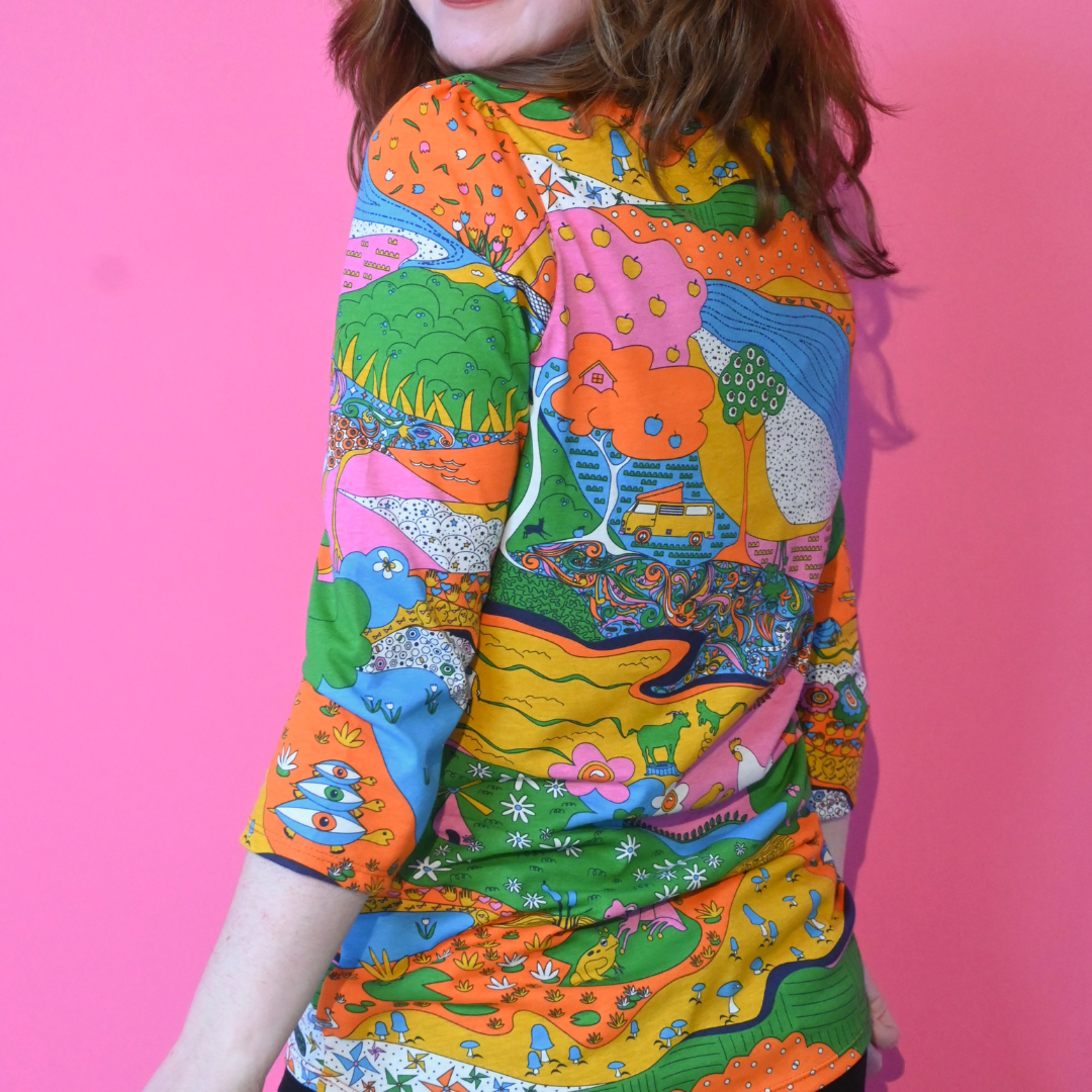 Landscape Print 3/4 Sleeve Tee in Rainbow Farm