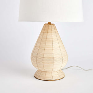 Teardrop Rattan Table Lamp with White Linen Shade