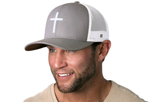 Cross Trucker Hat  |  Gray White Christian 3D Puff Snapback
