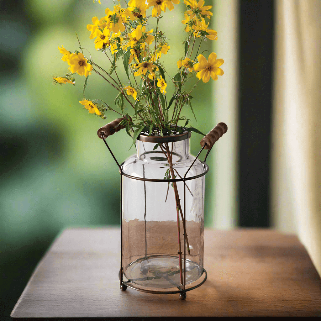 Antique Milk Can Glass Vase with Copper Caddy