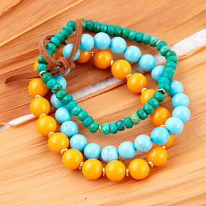 Apricot Blue Teals Triple Golden Bracelet Set