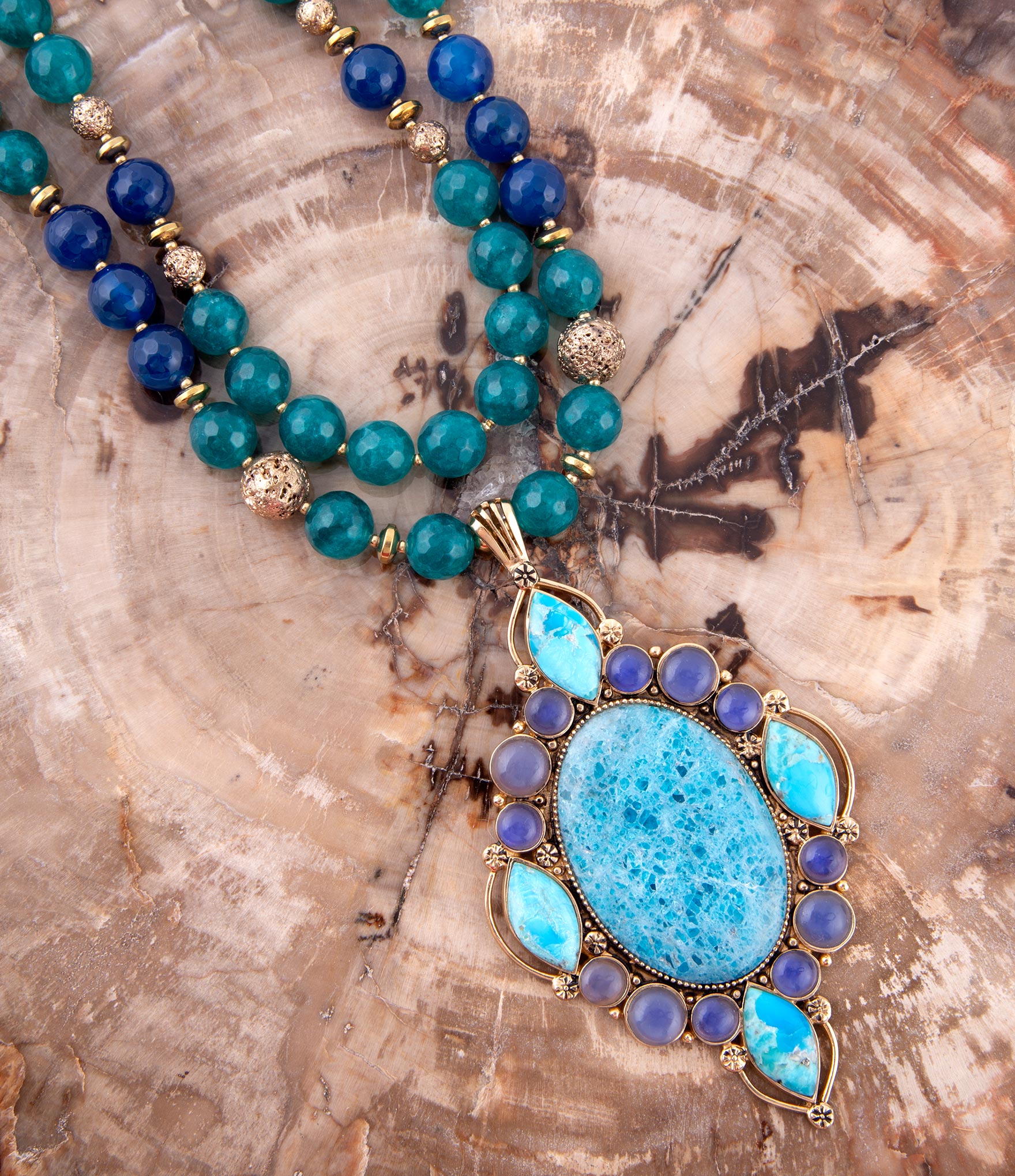 Argo Blue Apatite and Golden Bronze Pendant Necklace
