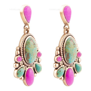 Barcelona Blue Turquoise and Pink Agate Golden Drop Earrings
