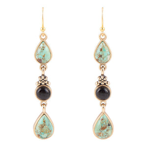 Barcelona Blue Turquoise and Black Onyx Linear Drop Golden Earrings