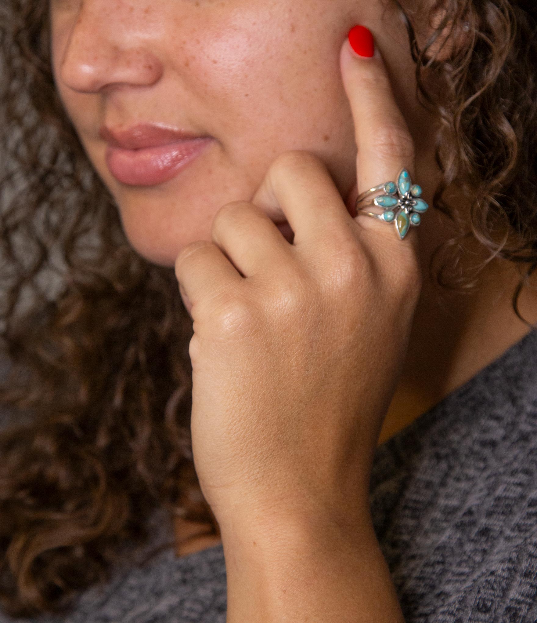 Floral Blue Turquoise and Sterling Silver Statement Ring