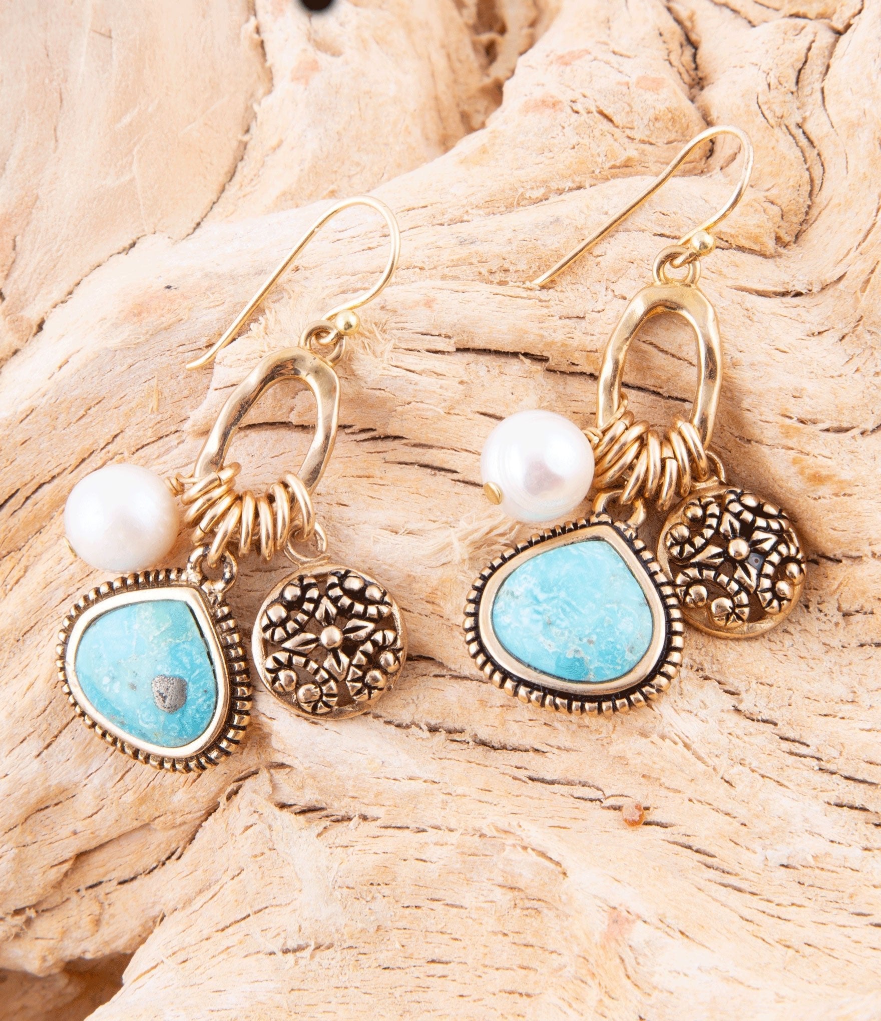 Blue Turquoise and White Pearl Multi Charm Golden Charm Earrings