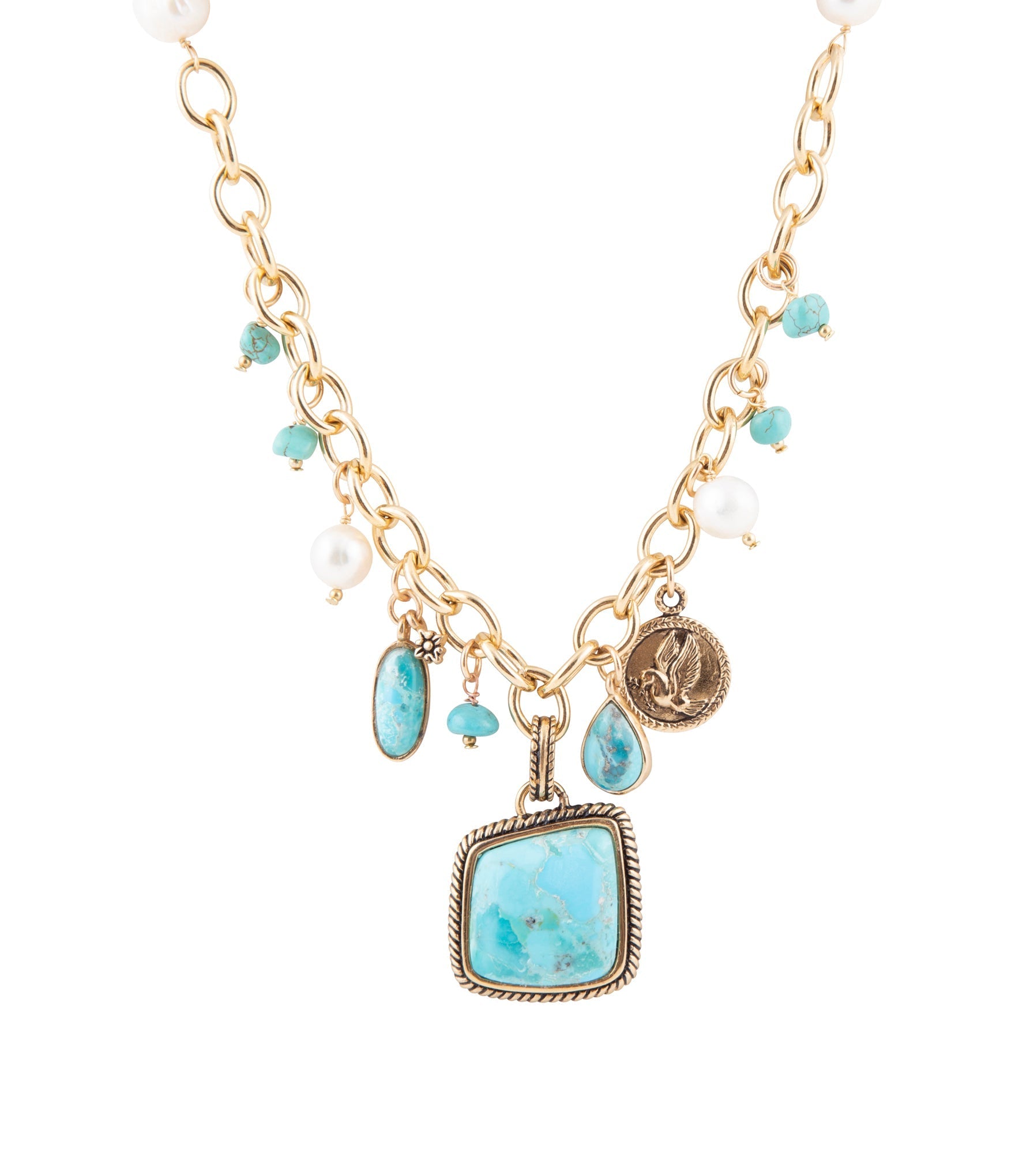 Blue Turquoise and White Pearl Multi Pendant Golden Necklace