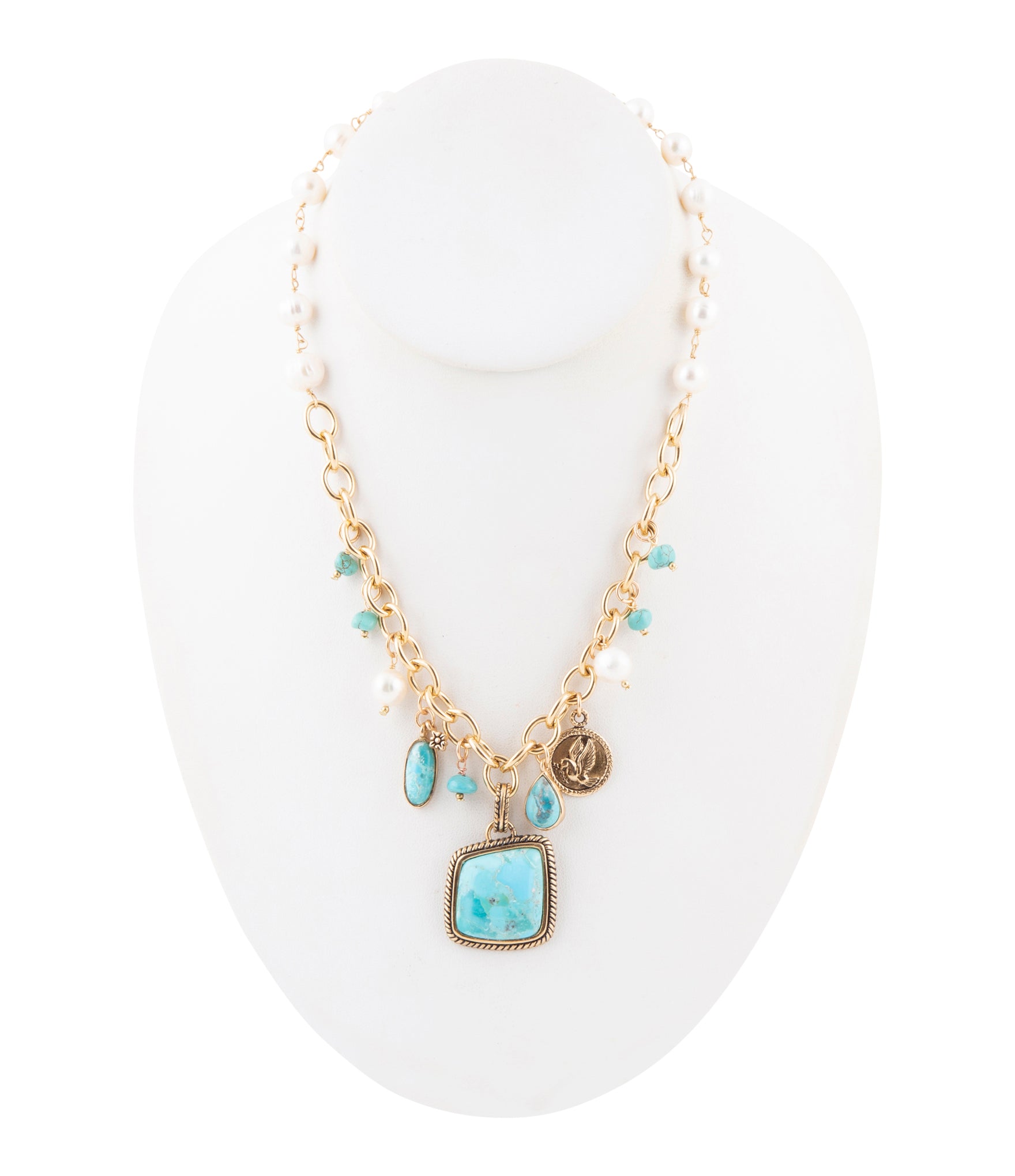 Blue Turquoise and White Pearl Multi Pendant Golden Necklace