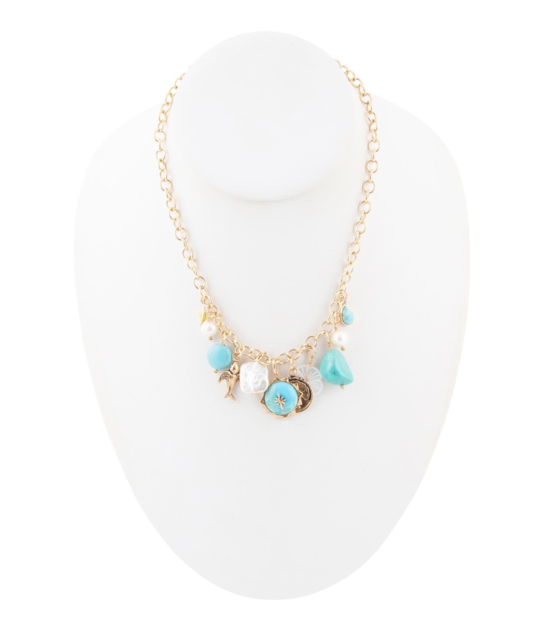 Blue Turquoise and White Pearl Multi Charm Golden Necklace