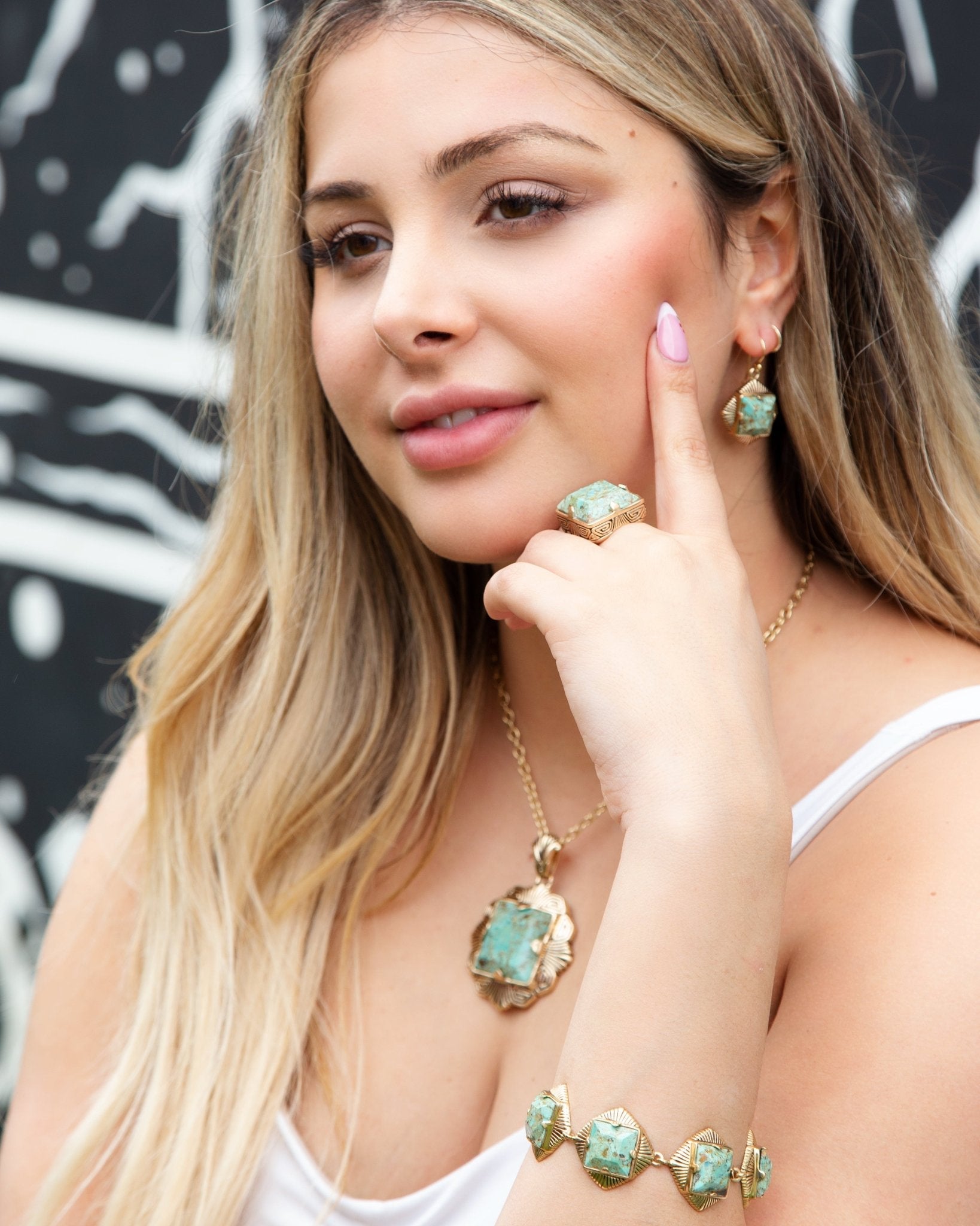 Blue Turquoise Square Stone Golden Drop Earrings