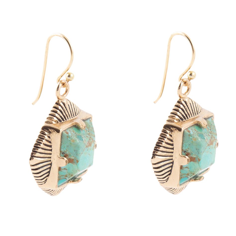 Blue Turquoise Square Stone Golden Drop Earrings