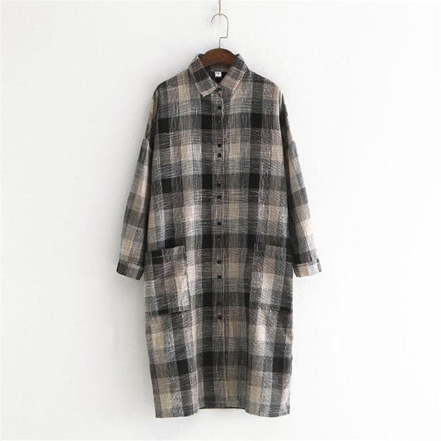 Casual Plaid Linen Shirt Dress