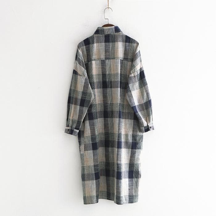 Casual Plaid Linen Shirt Dress