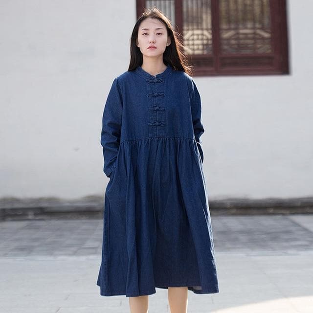 Long Sleeve Mandarin Denim Midi Dress  | Zen