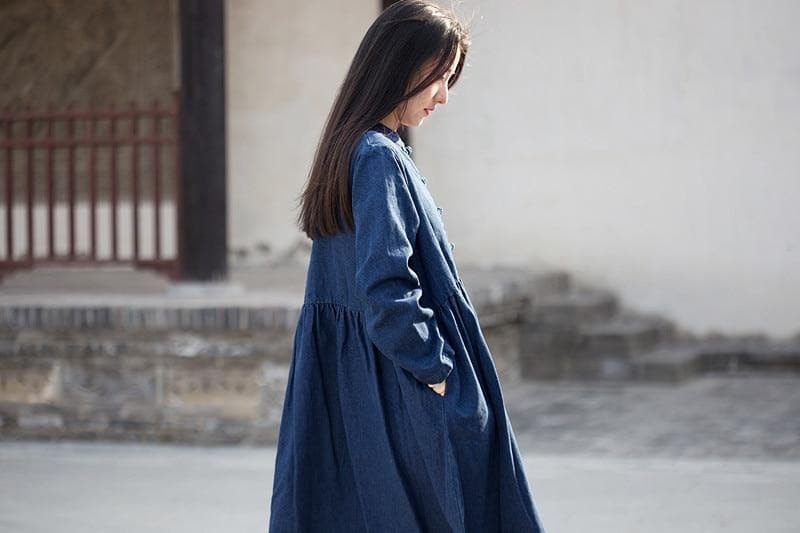 Long Sleeve Mandarin Denim Midi Dress  | Zen