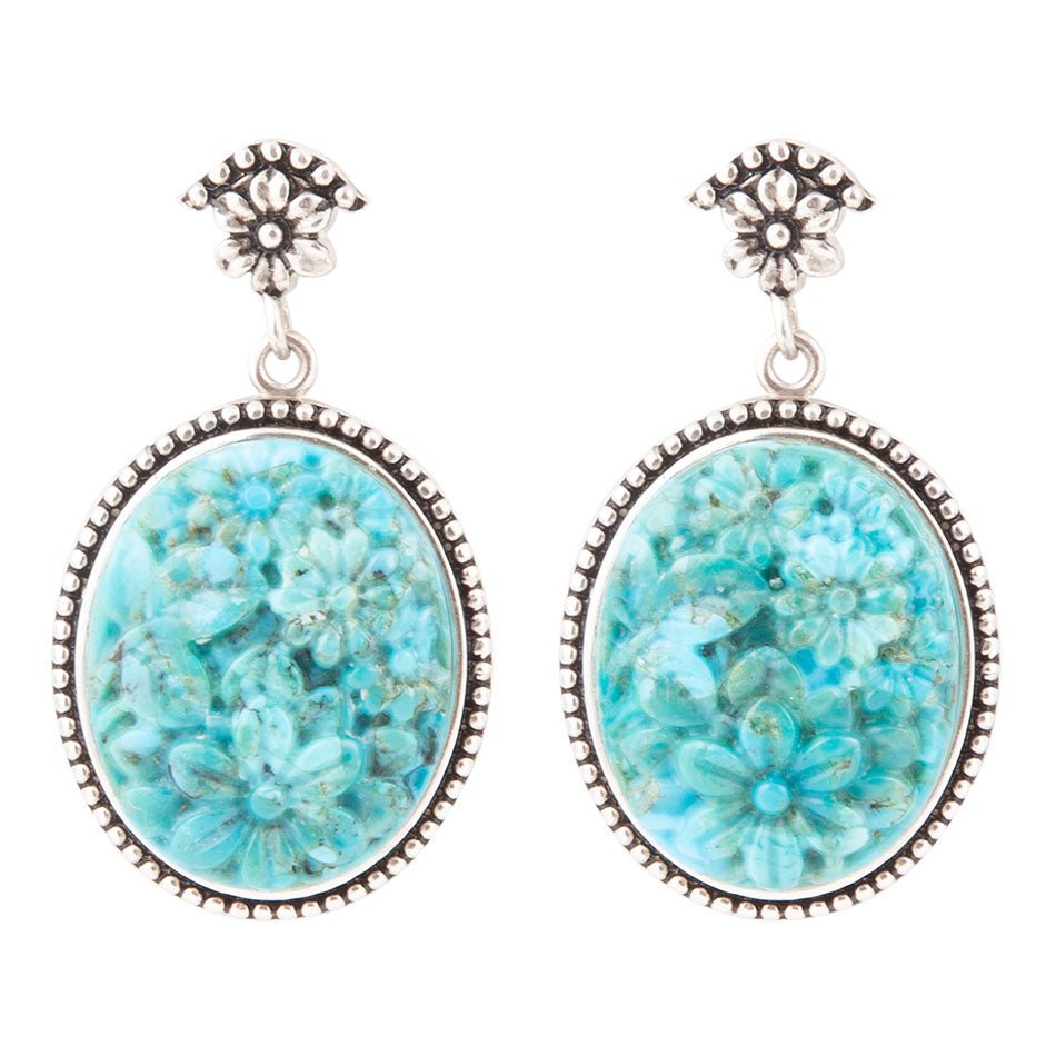 Carved Blue Turquoise Sterling Silver Drop Earrings