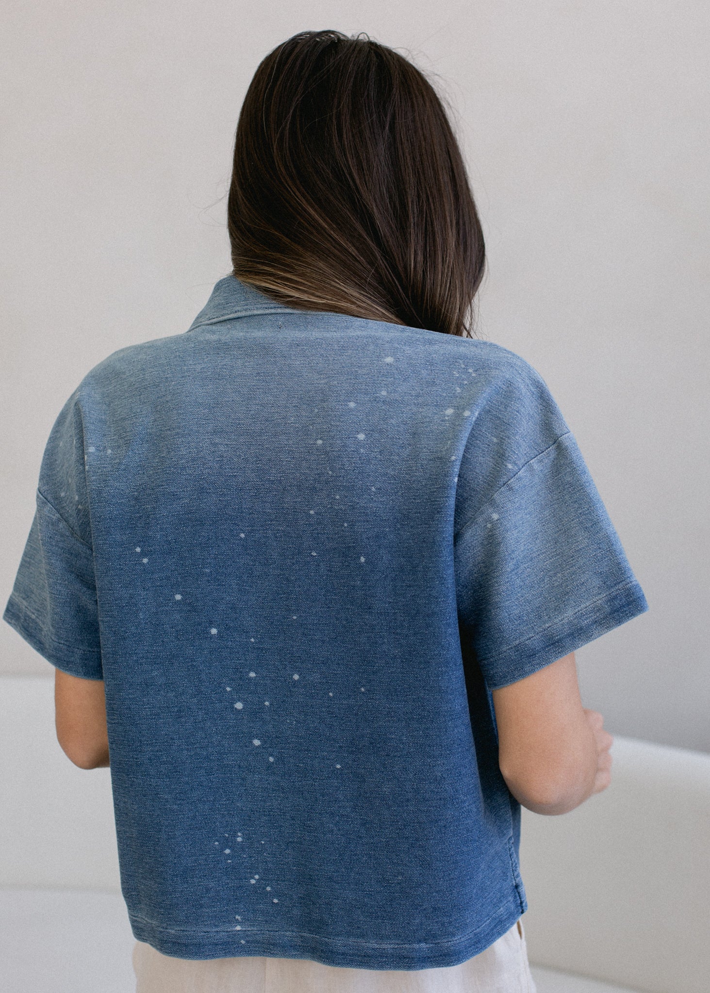 Cropped Short Sleeve Indigo Button Down