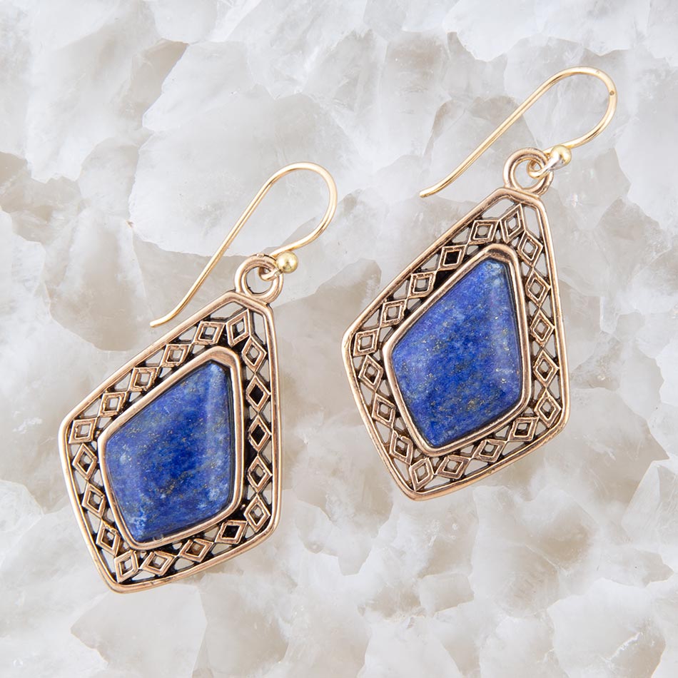 Dimond Blue Lapis Stone Golden Drop Earrings