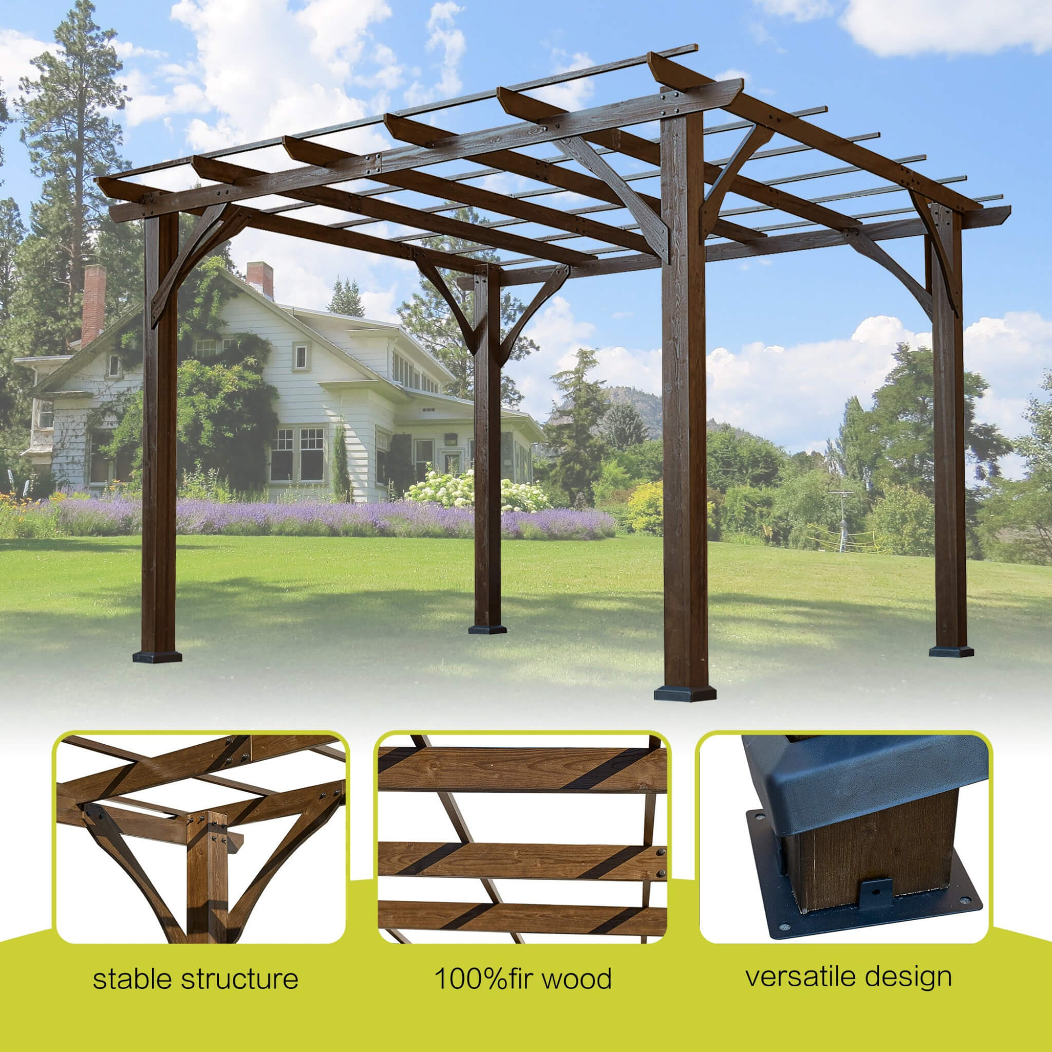[10x12FT] Premium Outdoor Brown Cedar Wood Pergola For Spacious Patios (SAK45639)
