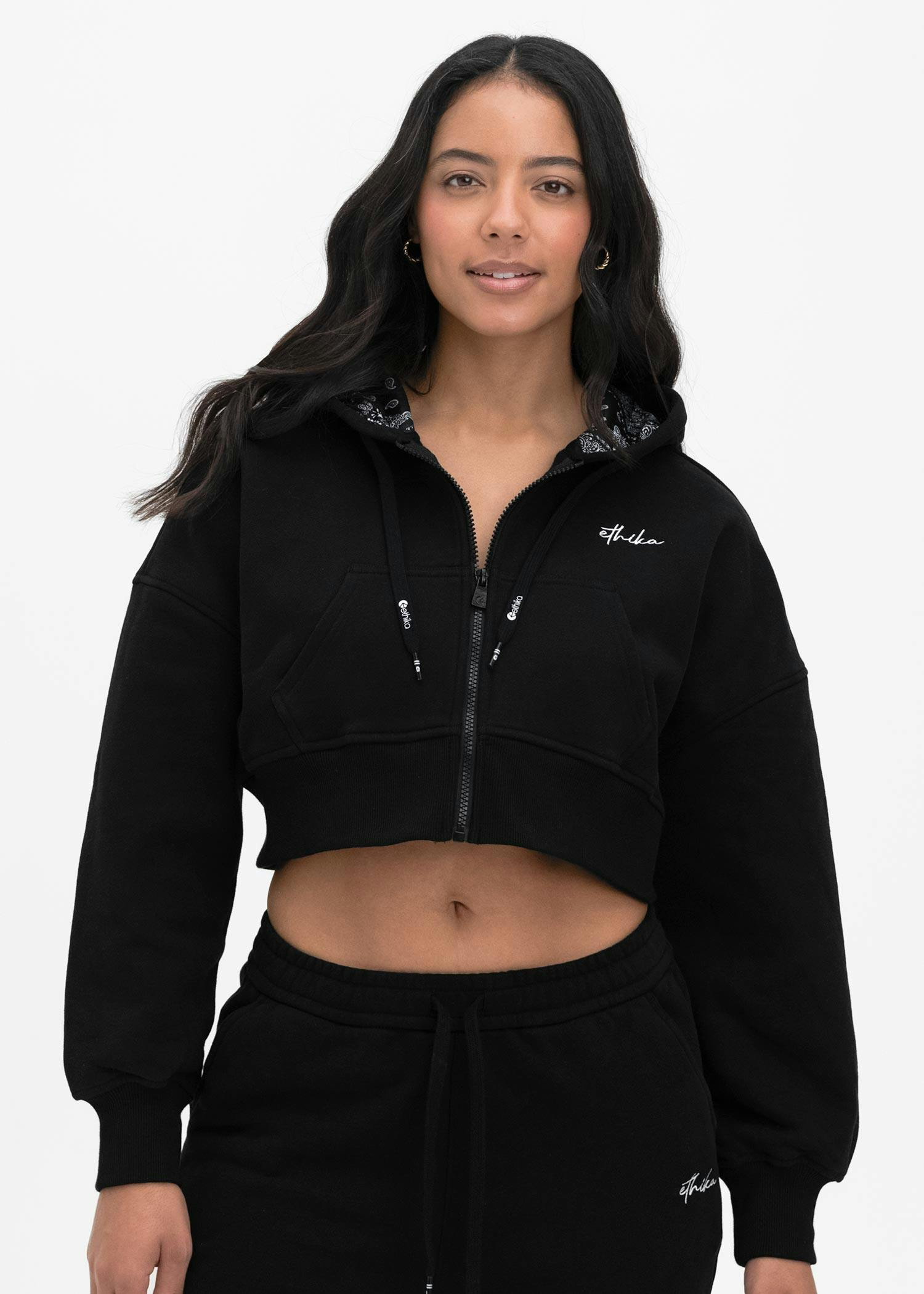 Black | Womens Fitted Crop Zip Hoodie