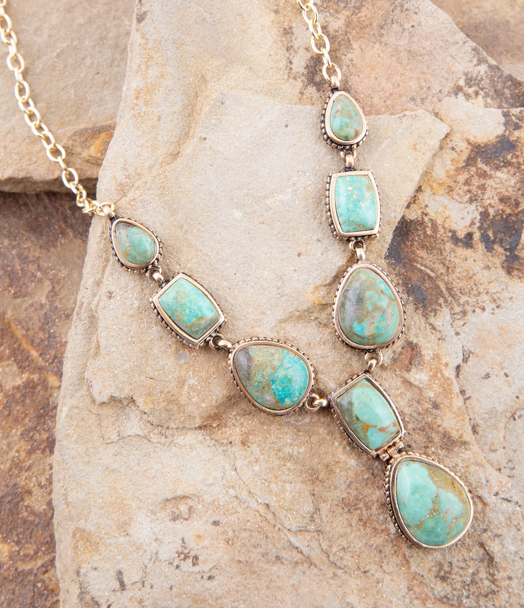 Genuine Blue Turquoise Roped Golden Bronze Y Necklace
