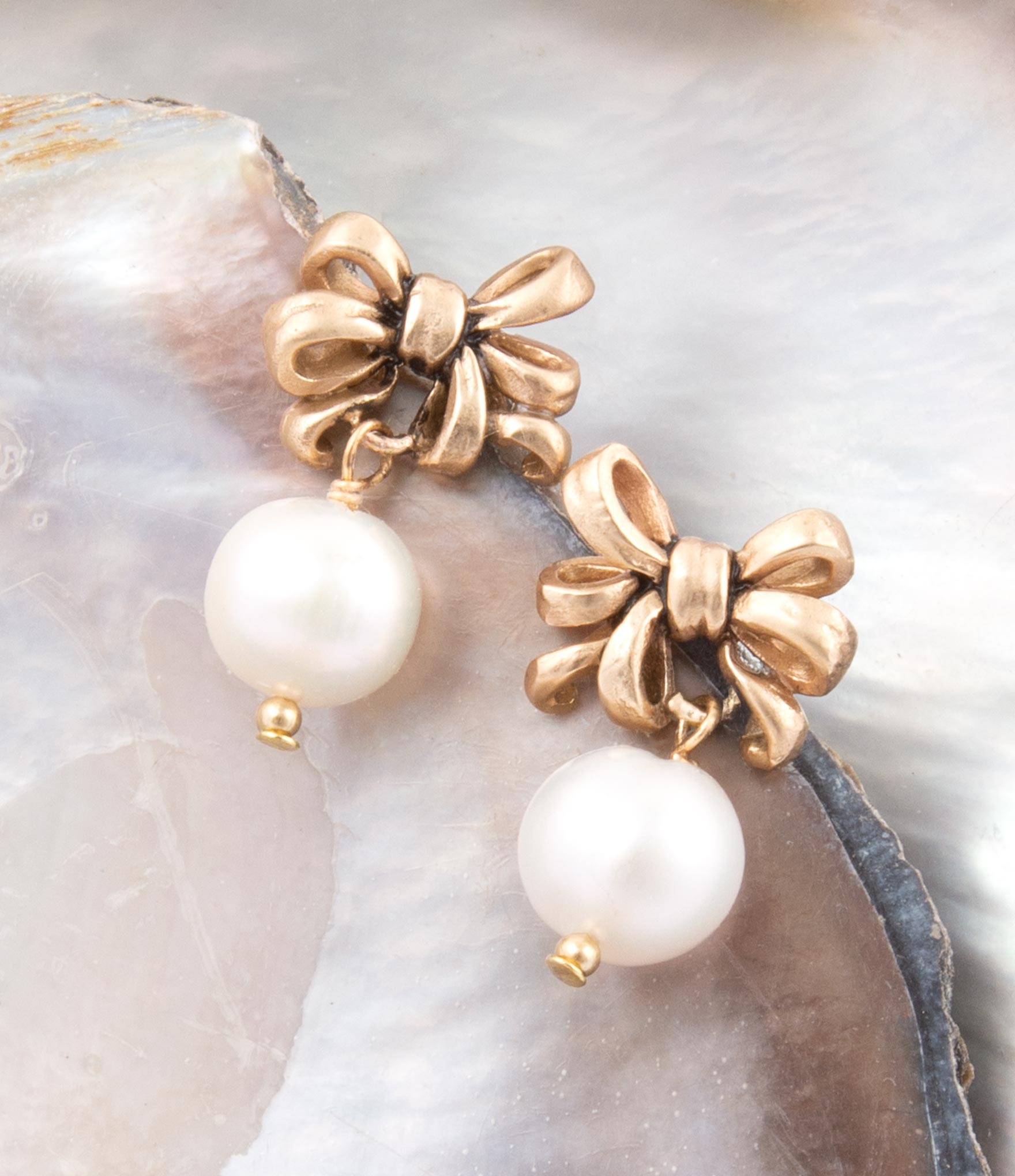 Gifted Freshwater Pearl Bow Golden Drop Earrings