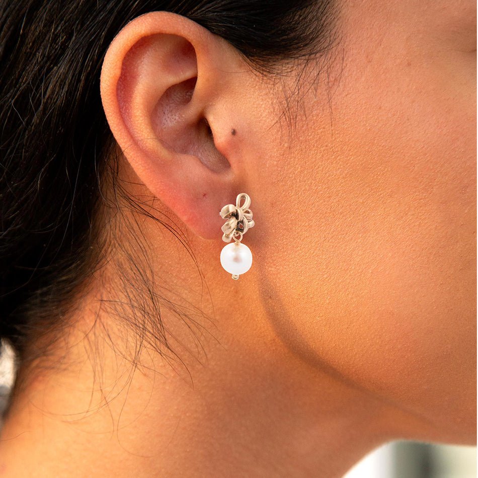 Gifted Freshwater Pearl Bow Golden Drop Earrings