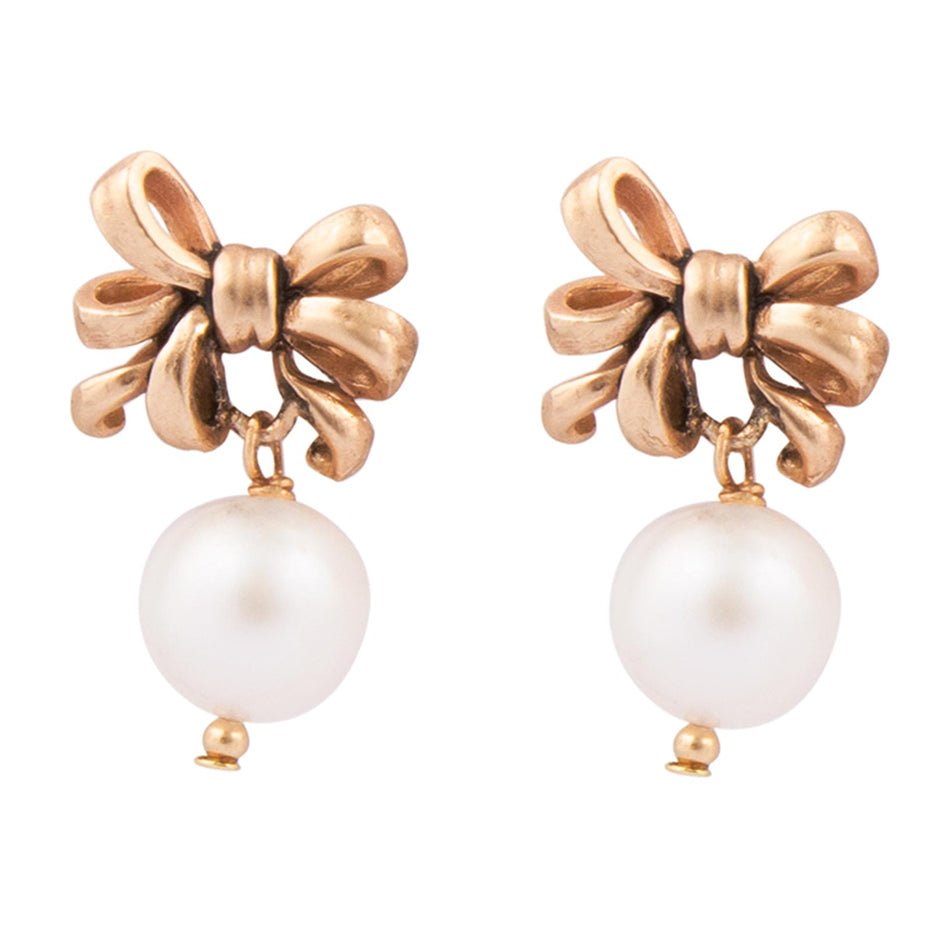 Gifted Freshwater Pearl Bow Golden Drop Earrings