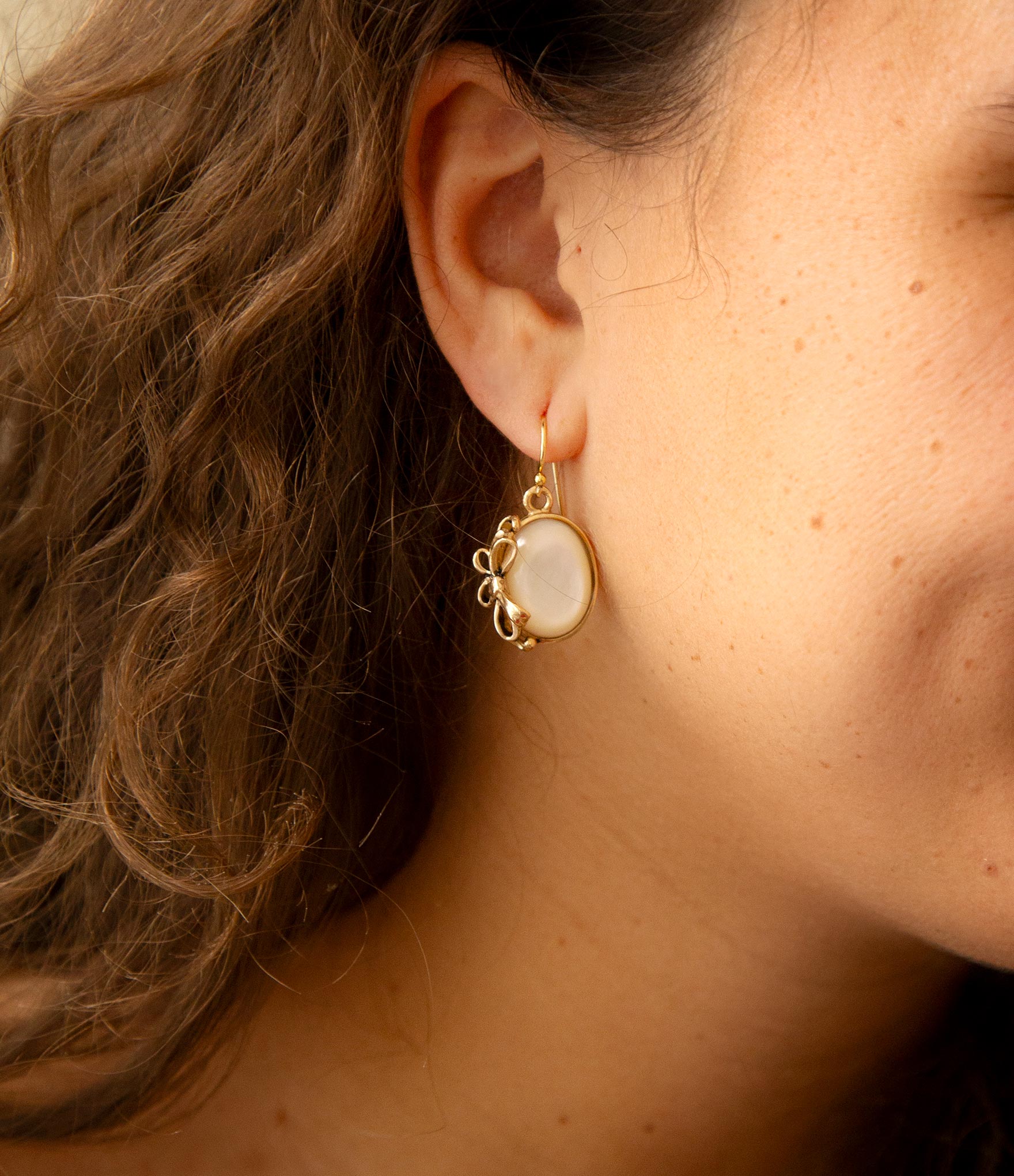 Gifted White Mother of Pearl Golden Bow Drop Earrings