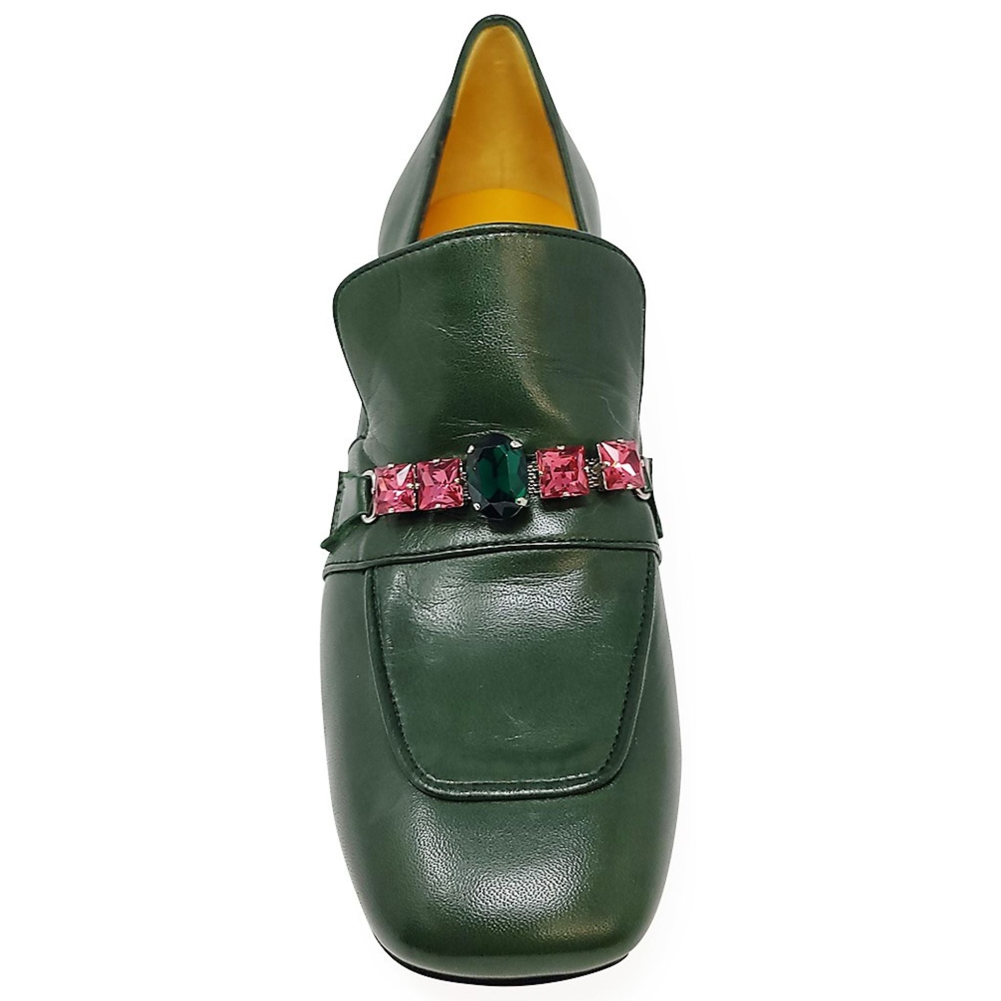 Green Leather Mid Heel Jeweled Loafer