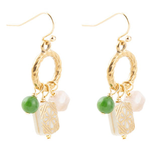Green Jade and Pink Sunstone Golden Drop Earrings